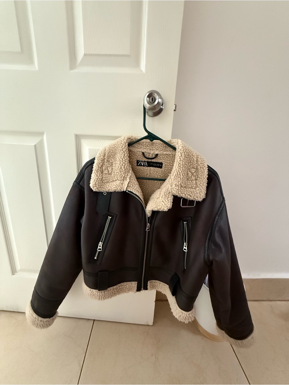 Zara Kids Dark Brown Faux-Leather Pea Coat with Cream Shearling